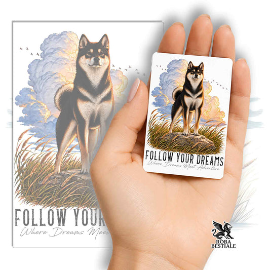 Calamita rettangolare con Shiba nero e scritta “Follow your dreams”