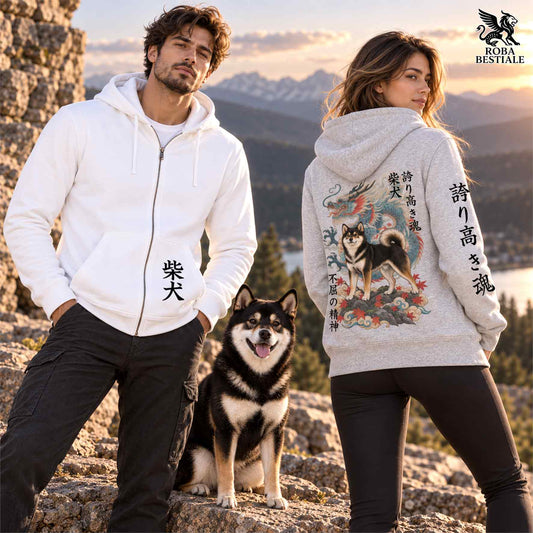 Felpa SHIBA INU Nero Focato - Cappuccio e Cerniera - Collezione Dragon