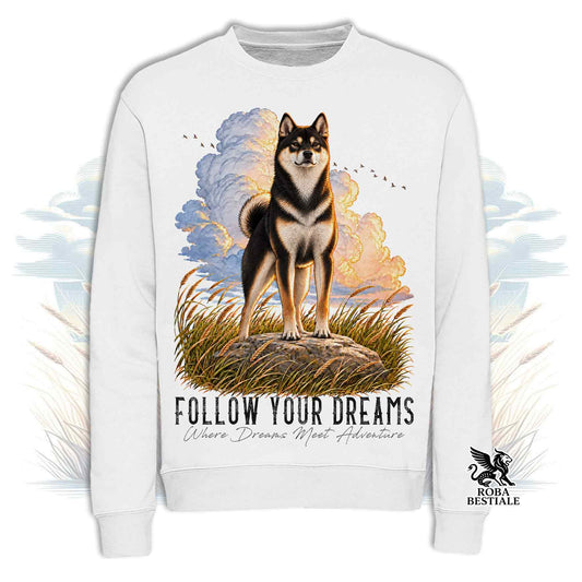 Felpa girocollo crema con stampa cane, scritta “FOLLOW YOUR DREAMS” e logo ROBALE