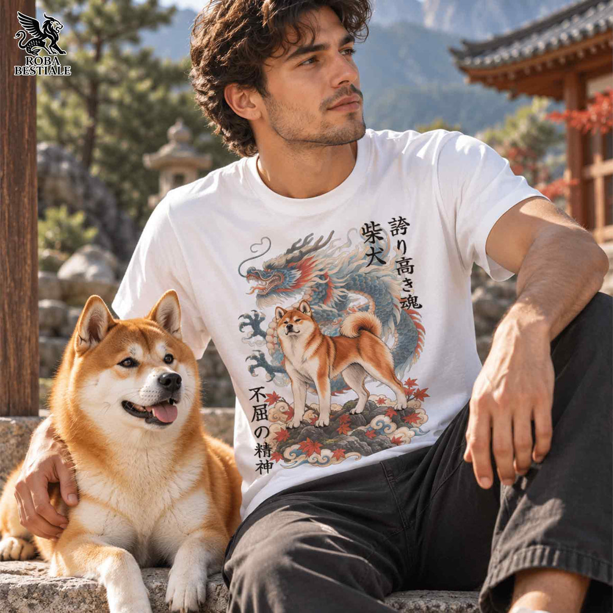 JAPAN STYLE "DRAGON" T-Shirt - Red SHIBA INU - for MEN, in many colors! From XS to 5XL
