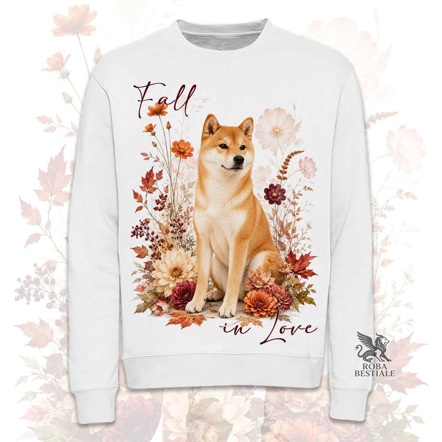 Felpa girocollo bianca stampata con uno Shiba Inu seduto in mezzo a fiori e foglie autunnali. Grafica originale Roba Bestiale, collezione Fall in Love
