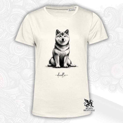 T-shirt beige stampata con uno Shiba Inu, grafica Doodle