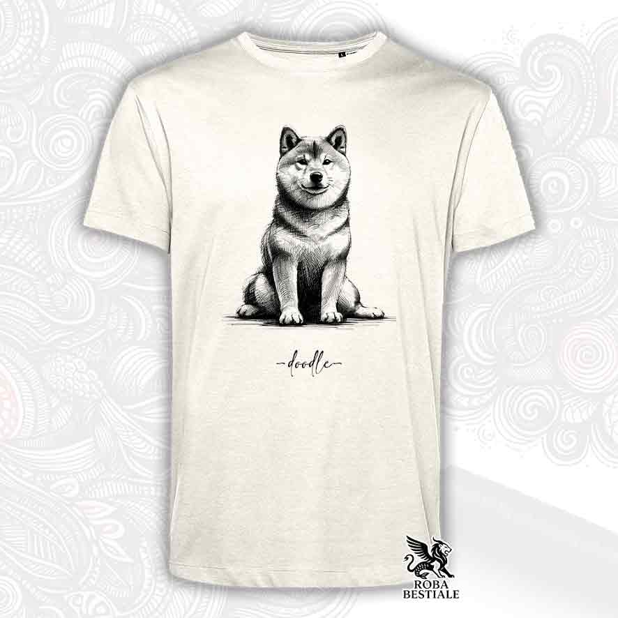 T-shirt beige stampata con uno Shiba Inu, grafica Doodle