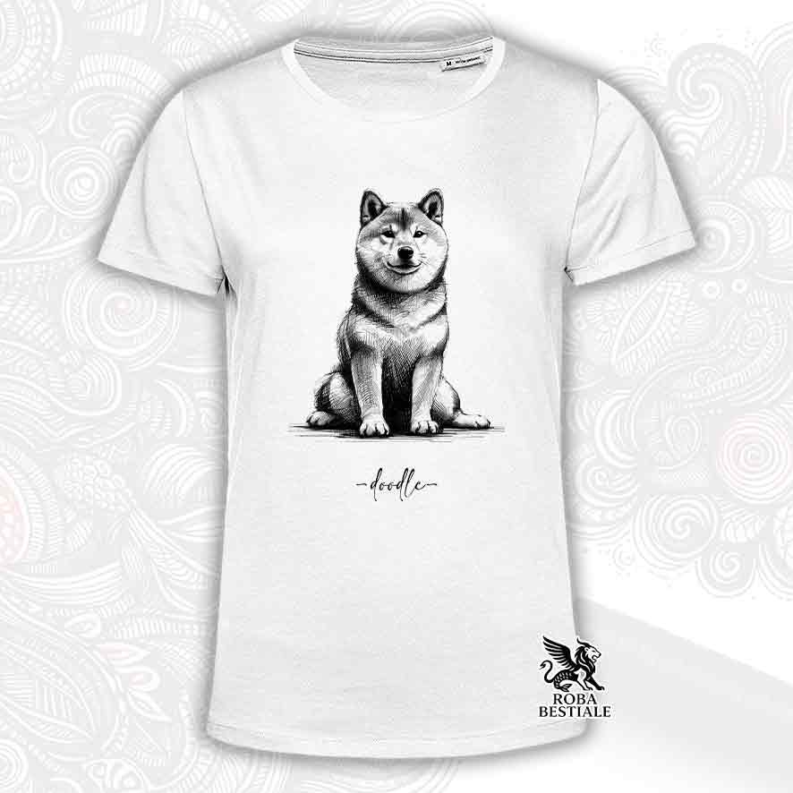 T-shirt bianca stampata con uno Shiba Inu, grafica Doodle
