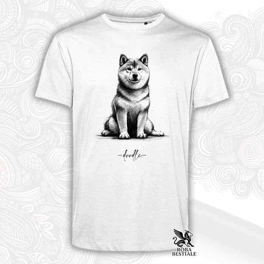 T-shirt bianca stampata con uno Shiba Inu, grafica Doodle