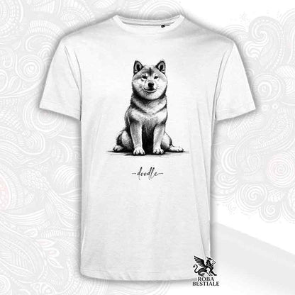 T-shirt bianca stampata con uno Shiba Inu, grafica Doodle