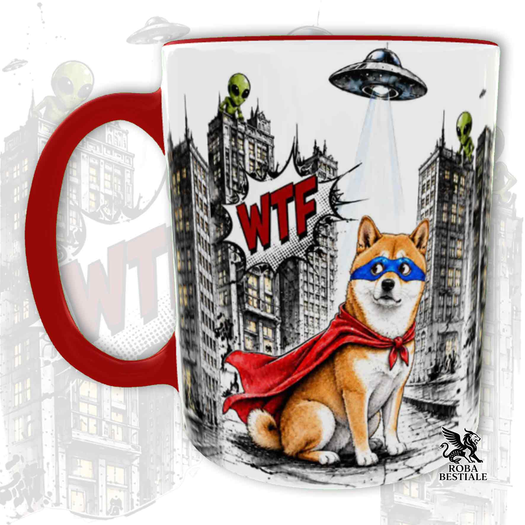 Tazza rossa stampata con uno Shiba Inu con espressione sorpresa, vestito da Super Eroe. Grafica originale Roba Bestiale, collezione Hero