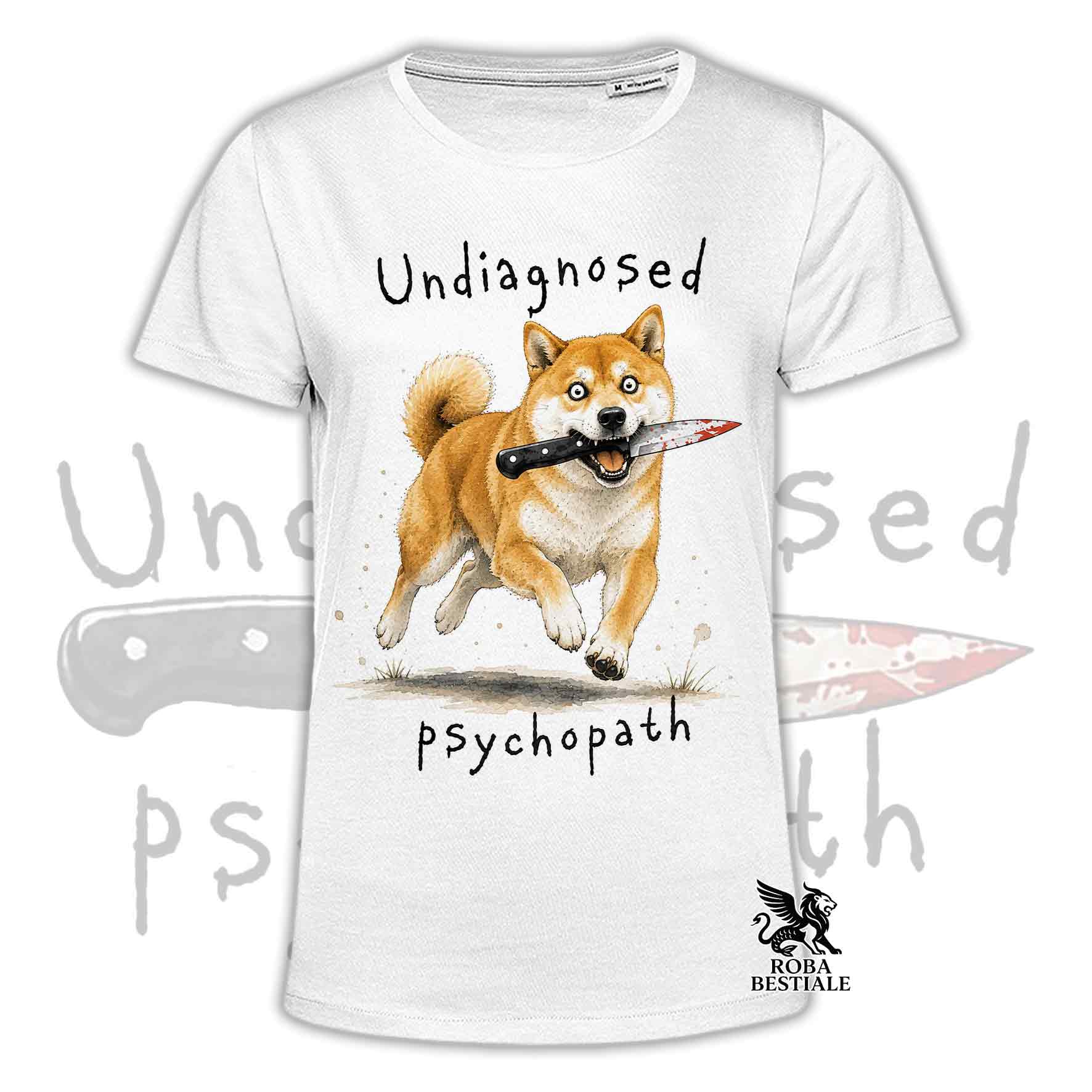 T-shirt bianca stampata con uno Shiba Inu che tiene un coltello tra i denti. Grafica originale Roba Bestiale, collezione Psychopath
