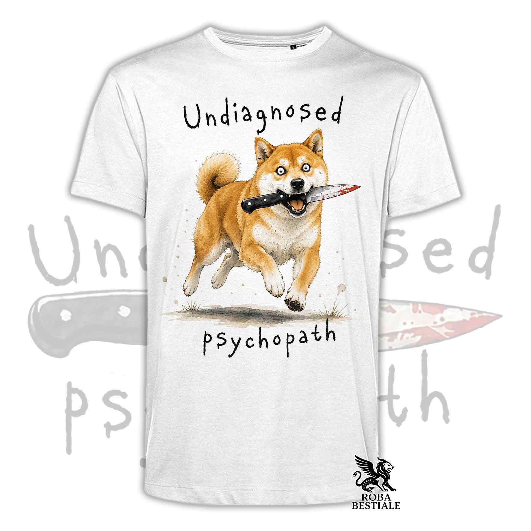 T-shirt bianca stampata con uno Shiba Inu che tiene un coltello tra i denti. Grafica originale Roba Bestiale, collezione Psychopath