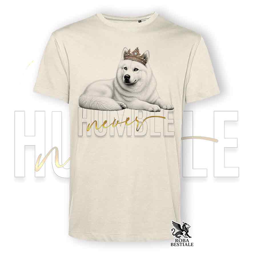 T-shirt beige stampata con un Siberian Husky grafica Never Humble
