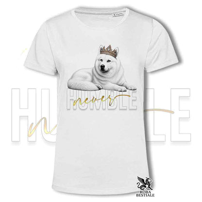 T-shirt bianca stampata con un Siberian Husky grafica Never Humble