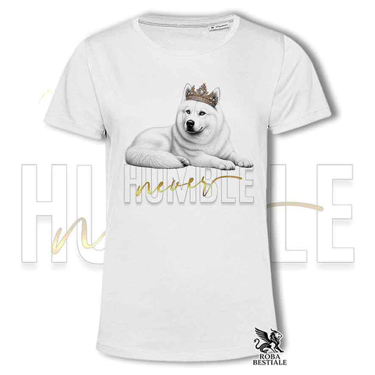 T-shirt bianca stampata con un Siberian Husky grafica Never Humble