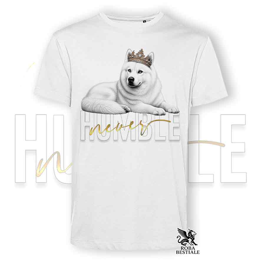T-shirt bianca stampata con un Siberian Husky grafica Never Humble