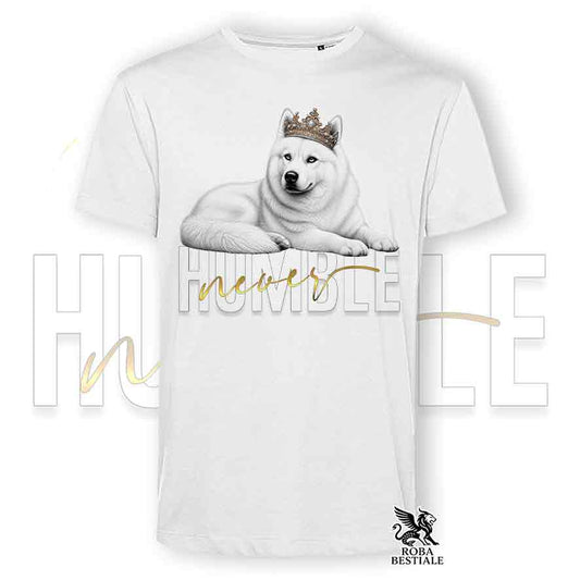 T-shirt bianca stampata con un Siberian Husky grafica Never Humble