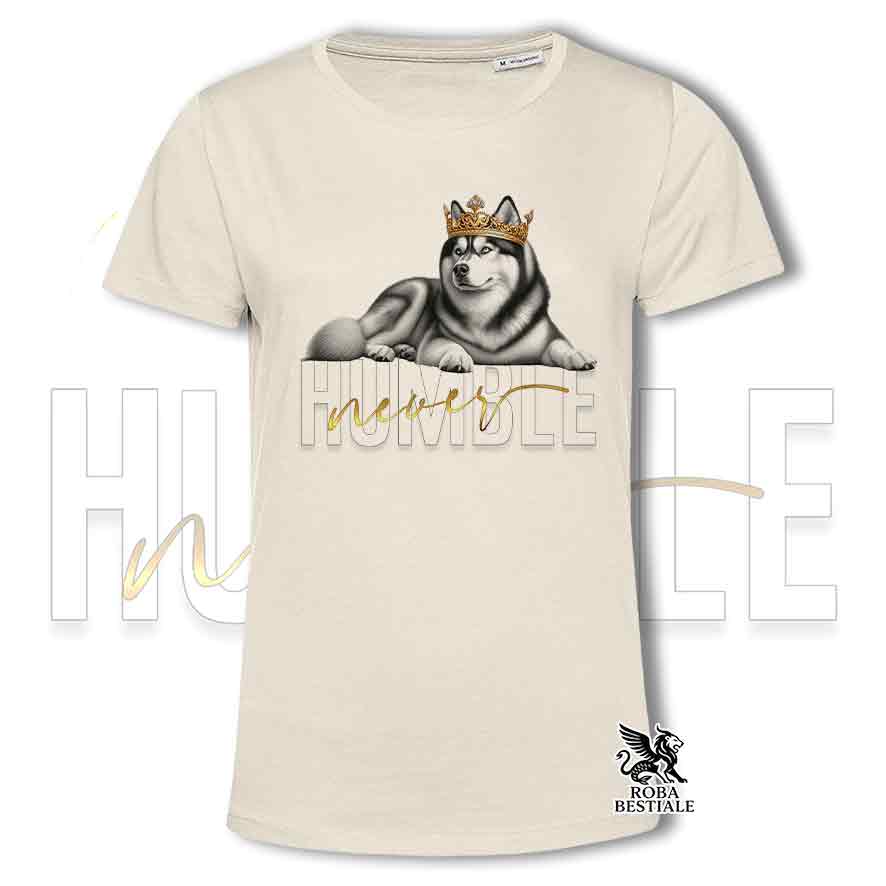 T-shirt beige stampata con un Siberian Husky, grafica Never Humble