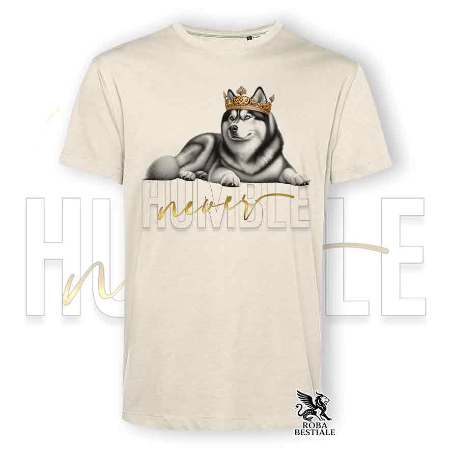 T-shirt beige stampata con un Siberian Husky, grafica Never Humble