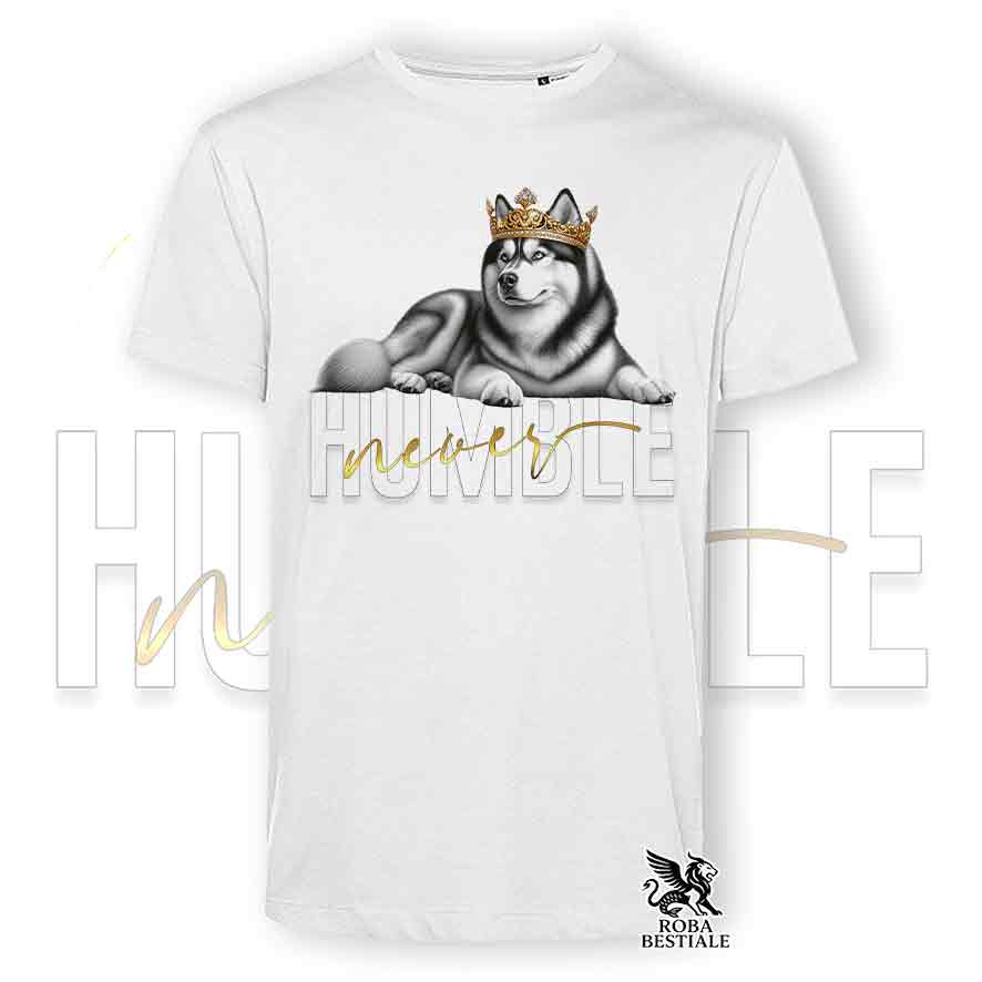 T-shirt bianca stampata con un Siberian Husky, grafica Never Humble