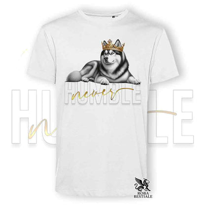 T-shirt bianca stampata con un Siberian Husky, grafica Never Humble