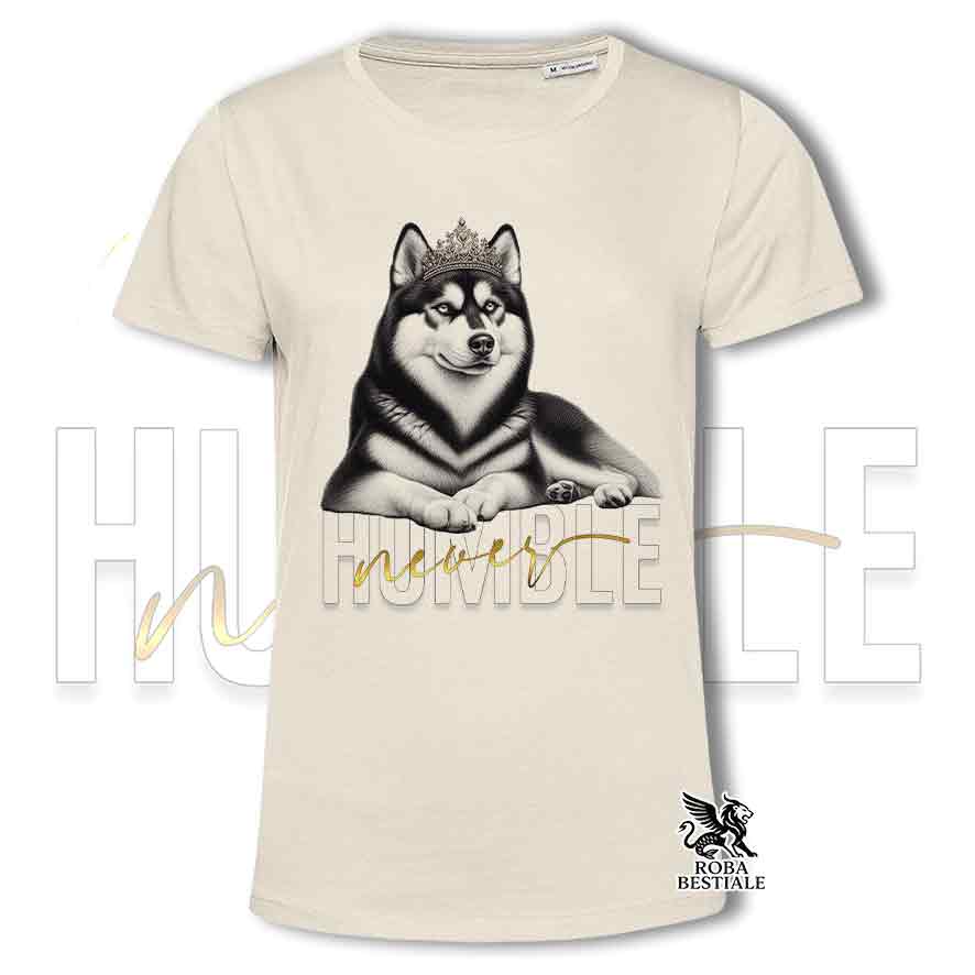 T-shirt beige stampata con un Siberian Husky, grafica Never Humble