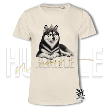 T-shirt beige stampata con un Siberian Husky, grafica Never Humble