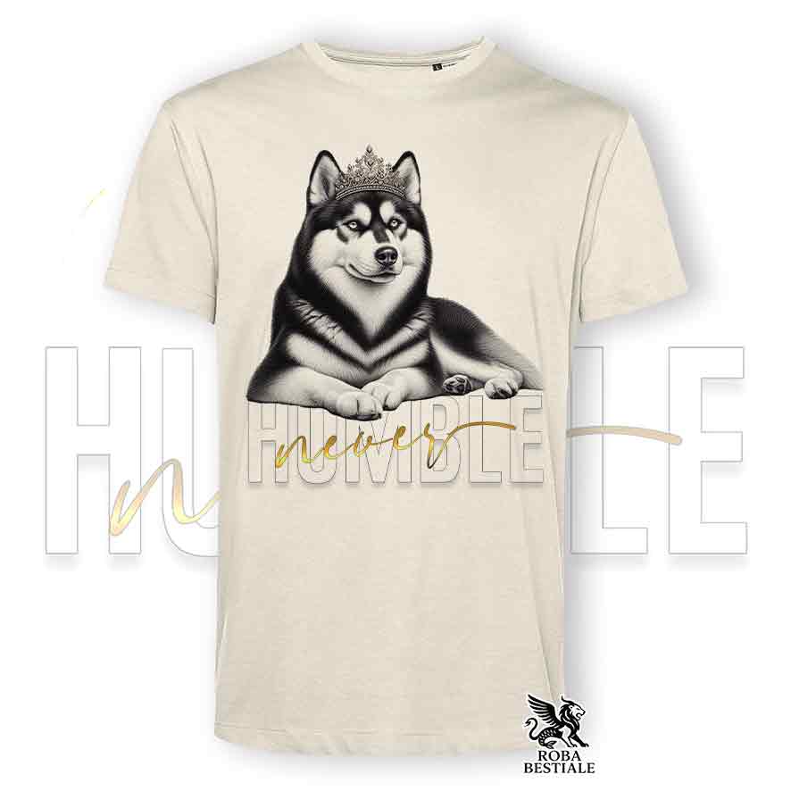 T-shirt beige stampata con un Siberian Husky, grafica Never Humble