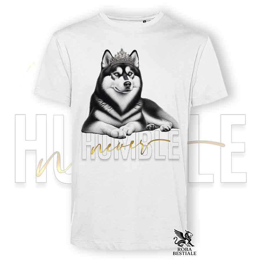 T-shirt bianca stampata con un Siberian Husky, grafica Never Humble