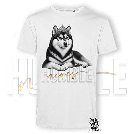 T-shirt bianca stampata con un Siberian Husky, grafica Never Humble