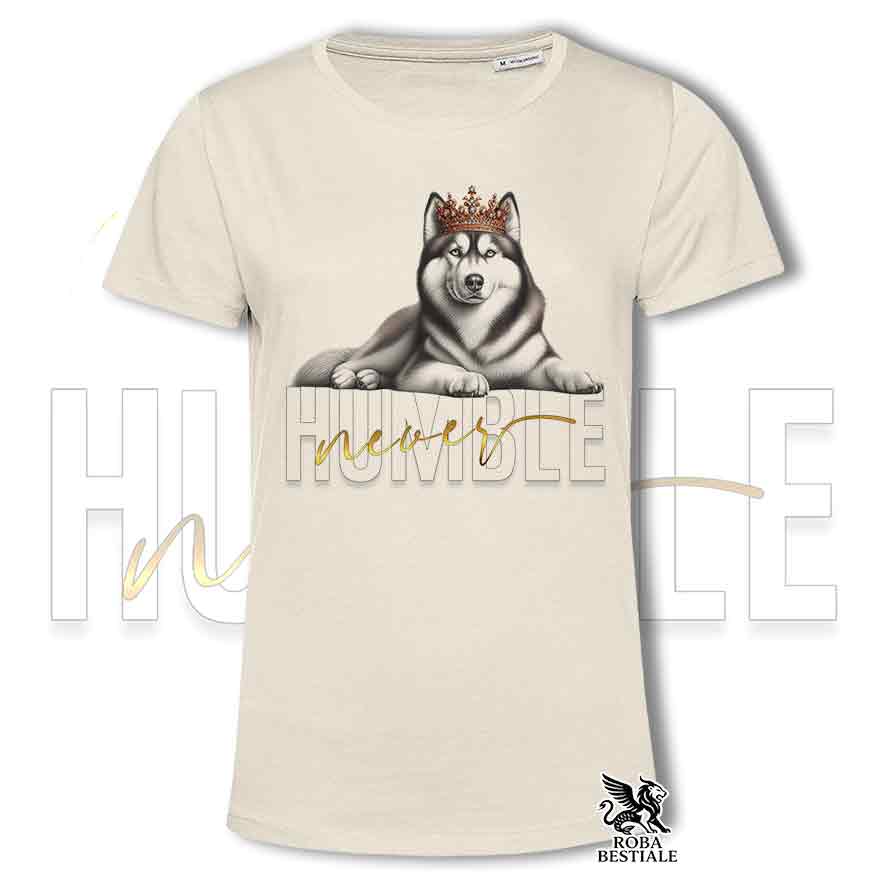T-shirt beige stampata con un Siberian Husky, grafica Never Humble