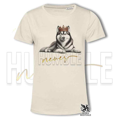 T-shirt beige stampata con un Siberian Husky, grafica Never Humble