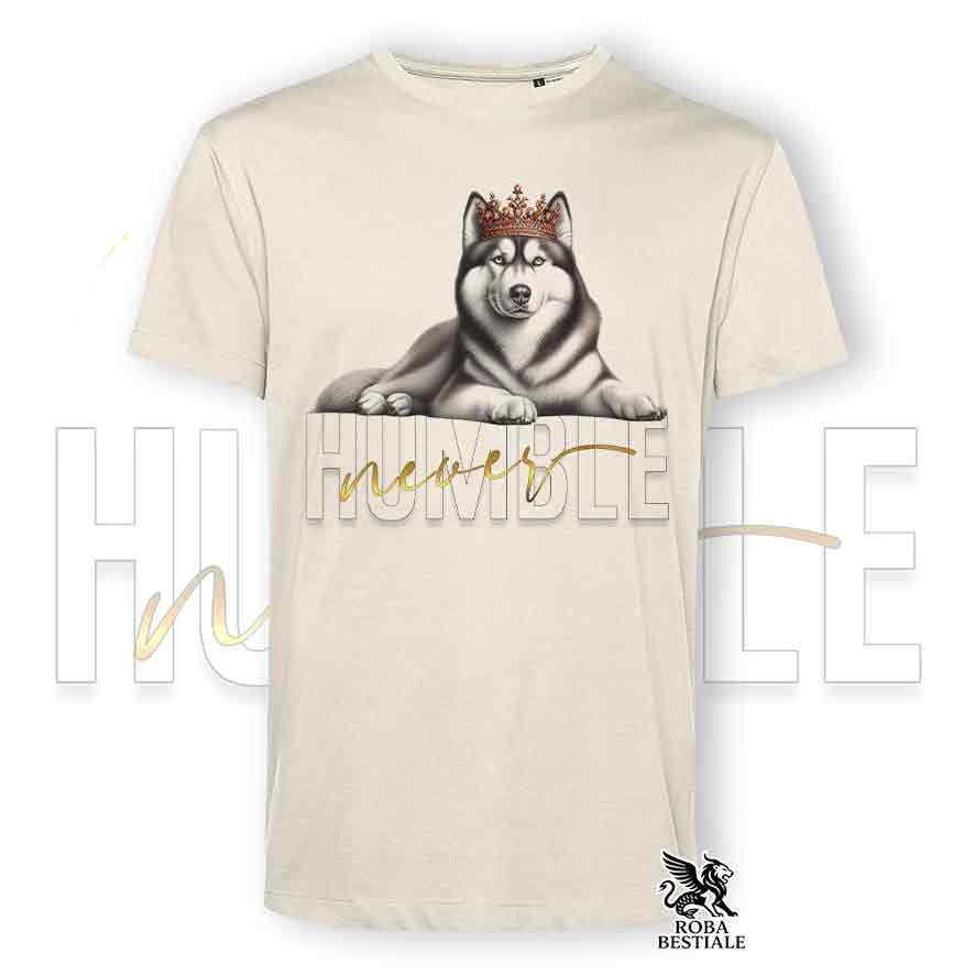 T-shirt beige stampata con un Siberian Husky, grafica Never Humble