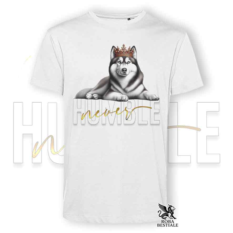 T-shirt bianca stampata con un Siberian Husky, grafica Never Humble