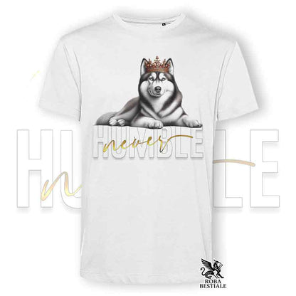 T-shirt bianca stampata con un Siberian Husky, grafica Never Humble