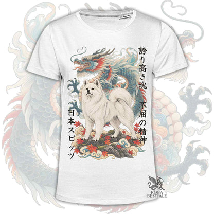 T-shirt bianca con stampa drago e cane bianco, girocollo a maniche corte