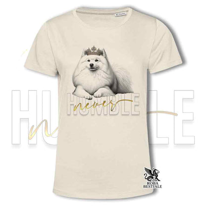 T-shirt bianca stampata con uno Spitz Giapponese, grafica Never Humble