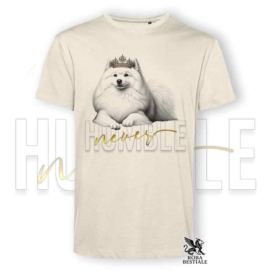 T-shirt bianca stampata con uno Spitz Giapponese, grafica Never Humble
