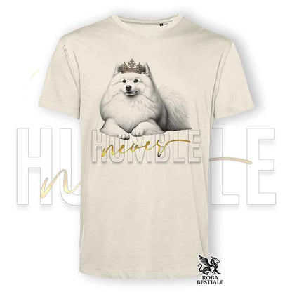 T-shirt bianca stampata con uno Spitz Giapponese, grafica Never Humble