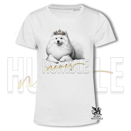T-shirt bianca stampata con uno Spitz Giapponese, grafica Never Humble