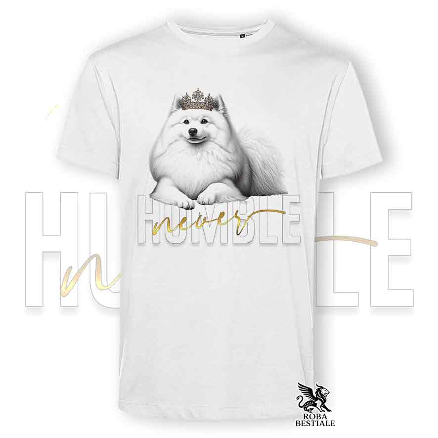 T-shirt bianca stampata con uno Spitz Giapponese, grafica Never Humble