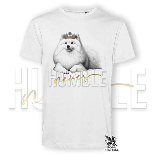 T-shirt bianca stampata con uno Spitz Giapponese, grafica Never Humble