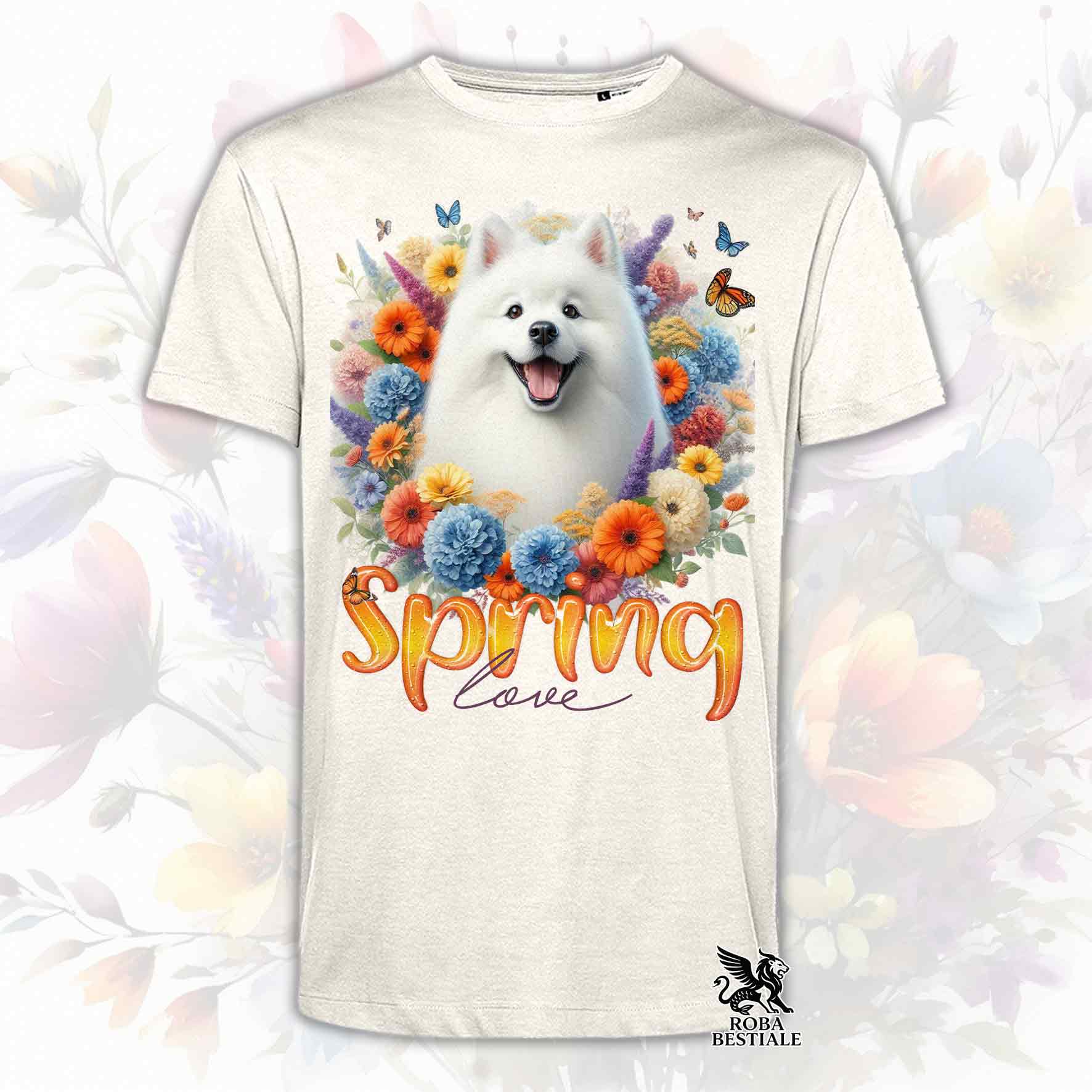 Una t-shirt beige stampata con uno Spitz Giapponese immerso in fiori colorati. Collezione Spring Love di Roba Bestiale