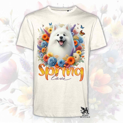 Una t-shirt beige stampata con uno Spitz Giapponese immerso in fiori colorati. Collezione Spring Love di Roba Bestiale