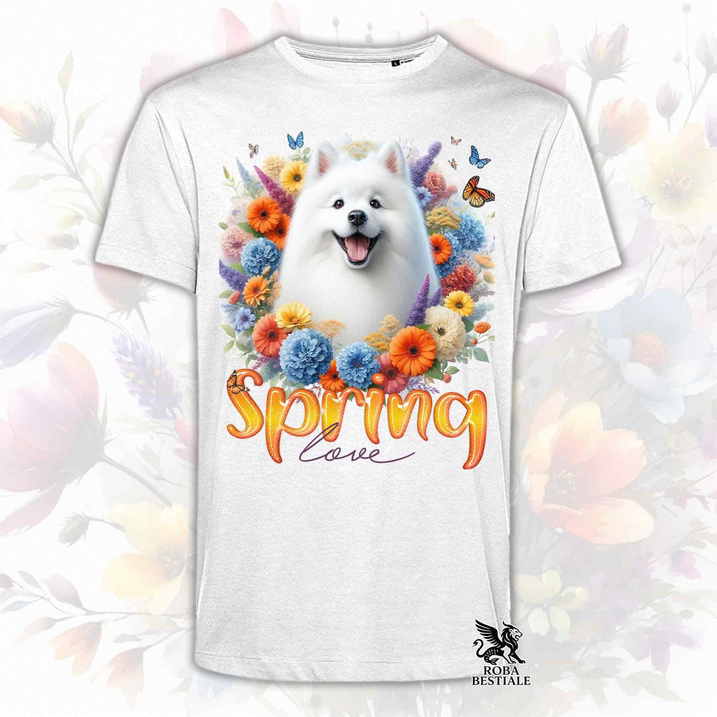 Una t-shirt bianca stampata con uno Spitz Giapponese immerso in fiori colorati. Collezione Spring Love di Roba Bestiale