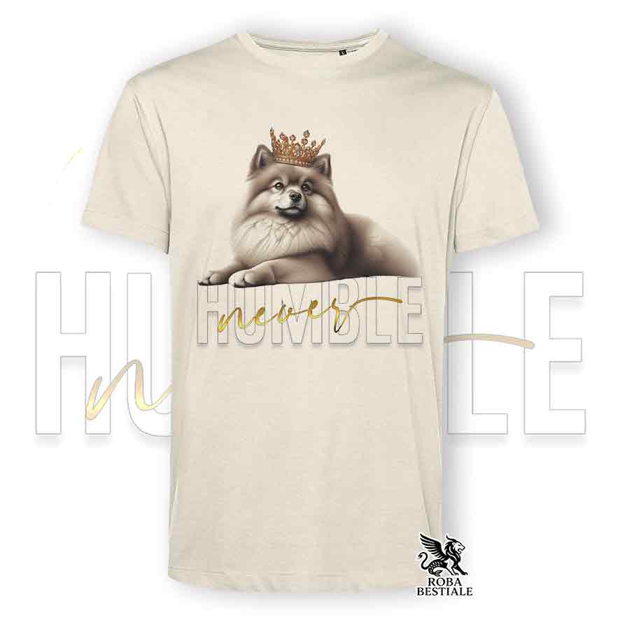 T-shirt beige stampata con uno Spitz Tedesco, grafica Never Humble