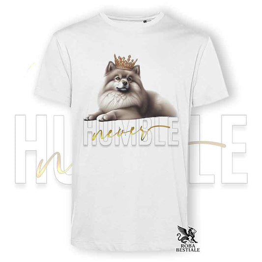 T-shirt bianca stampata con uno Spitz Tedesco, grafica Never Humble
