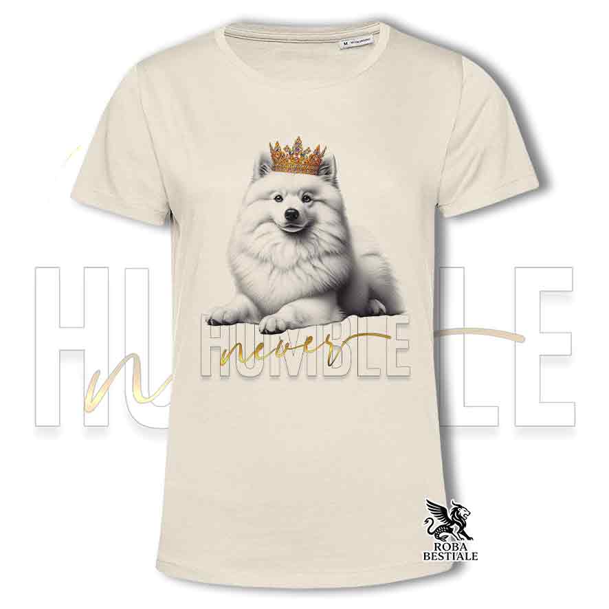 T-shirt beige stampata con uno Spitz Tedesco, grafica Never Humble