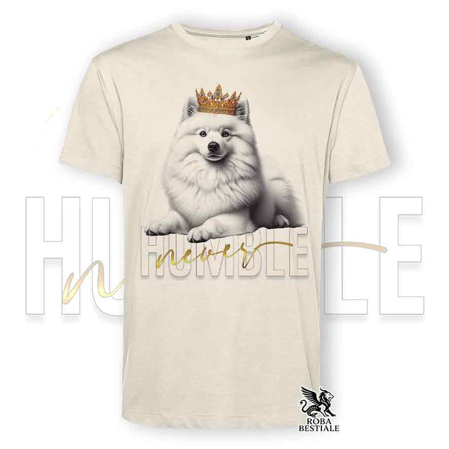 T-shirt beige stampata con uno Spitz Tedesco, grafica Never Humble