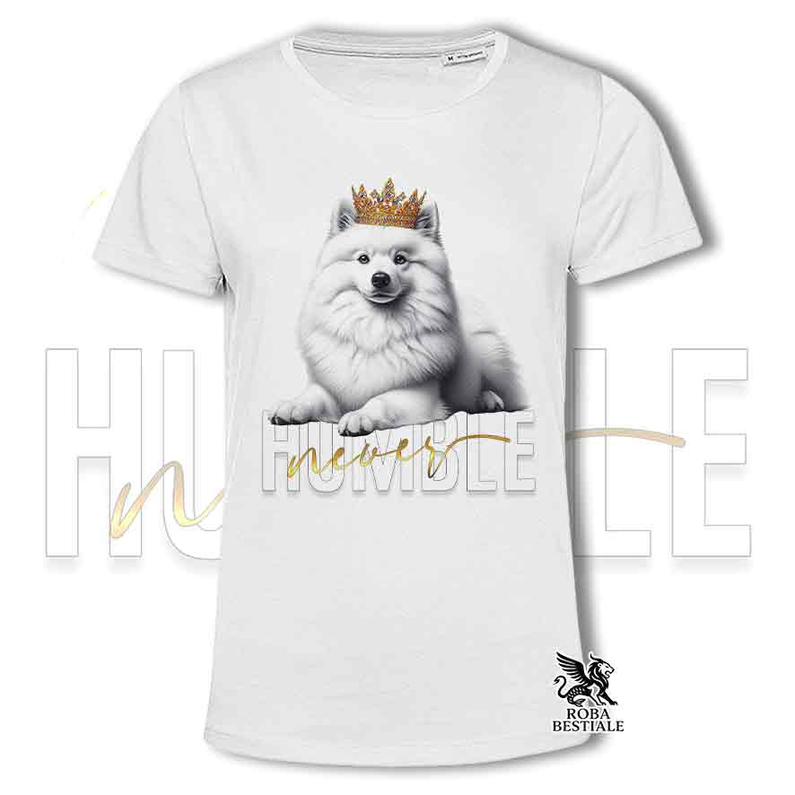 T-shirt bianca stampata con uno Spitz Tedesco, grafica Never Humble