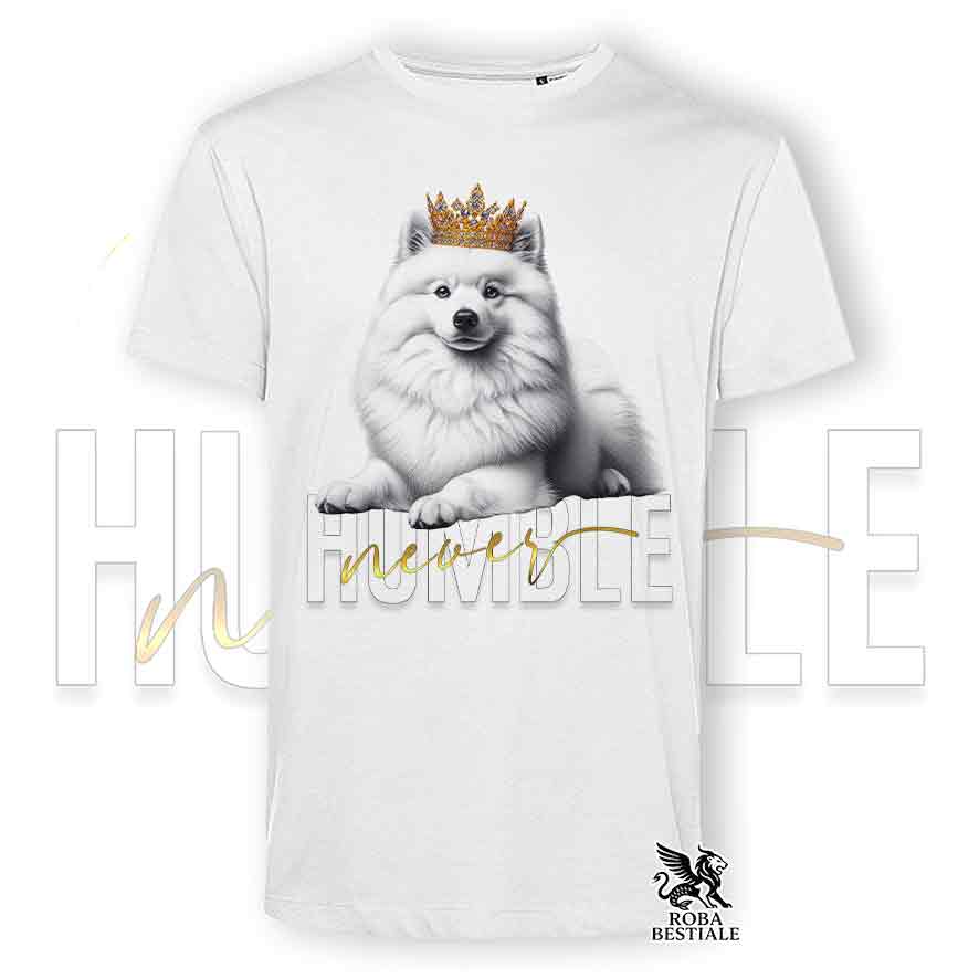 T-shirt bianca stampata con uno Spitz Tedesco, grafica Never Humble