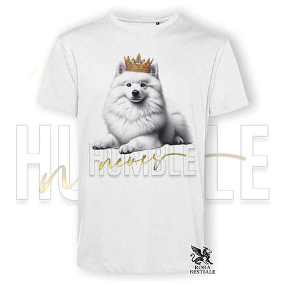 T-shirt bianca stampata con uno Spitz Tedesco, grafica Never Humble