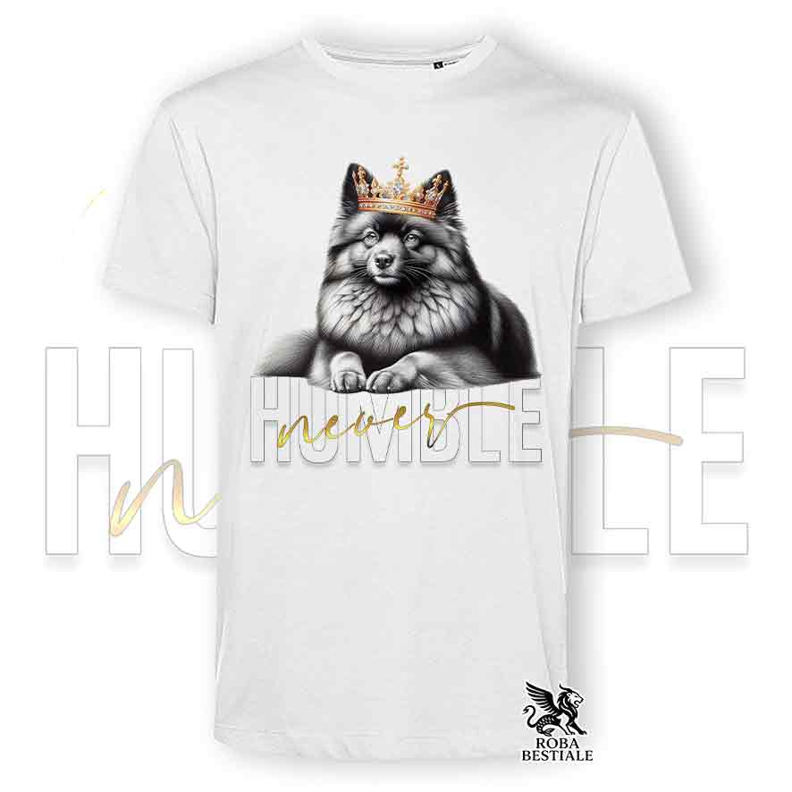 T-shirt bianca stampata con uno Spitz Tedesco, grafica Never Humble